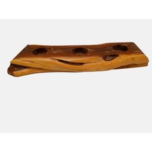 VNT Olive Tree Wood Candle Holder 14" Tabletop Carved Rustic Natural Distressed